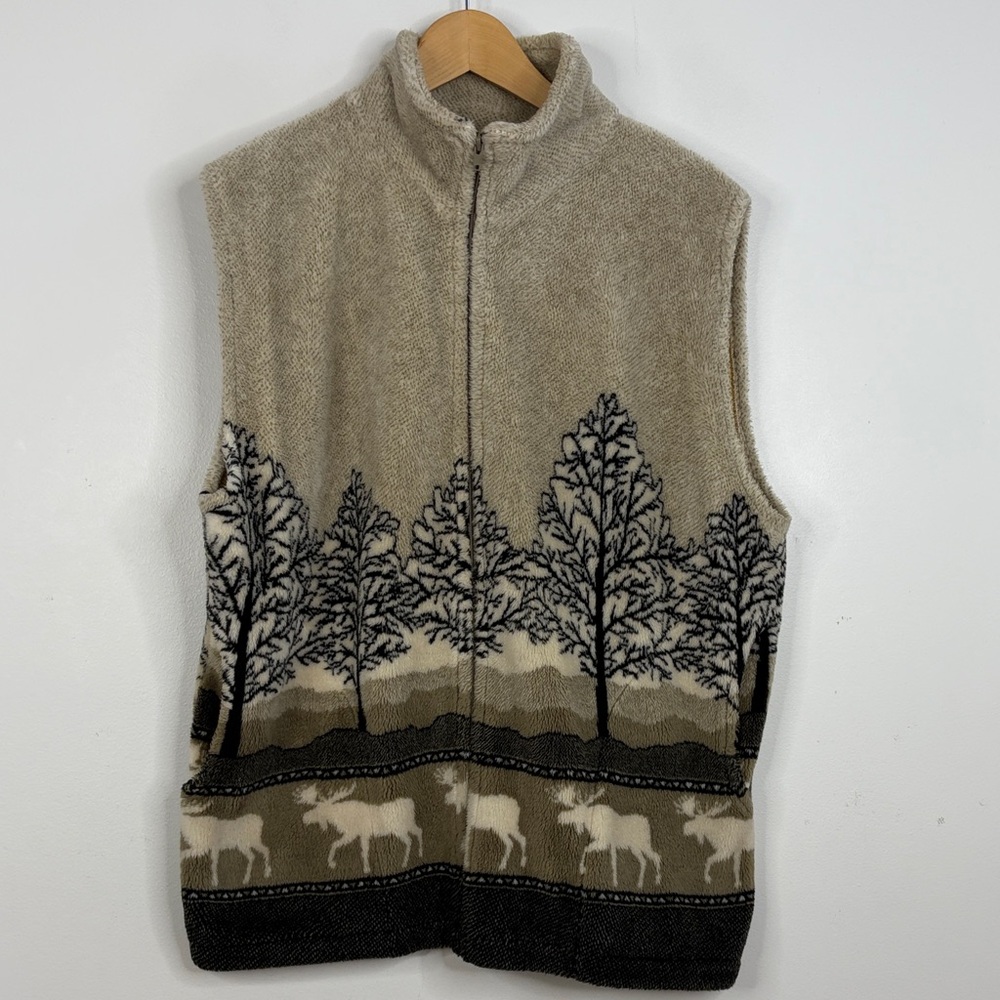 Vintage Fleece Vest Mens Medium Beige Brown Moose Forest Made in Canada Relaxed